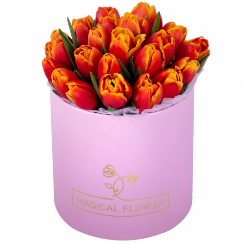 25 огненных тюльпан в розовой шляпной коробке