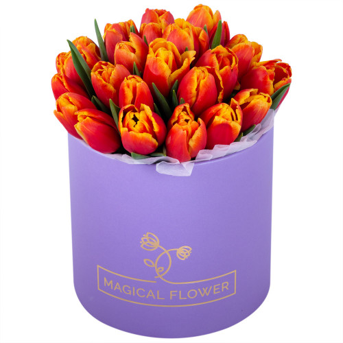 25 огненных тюльпан в фиолетовой шляпной коробке