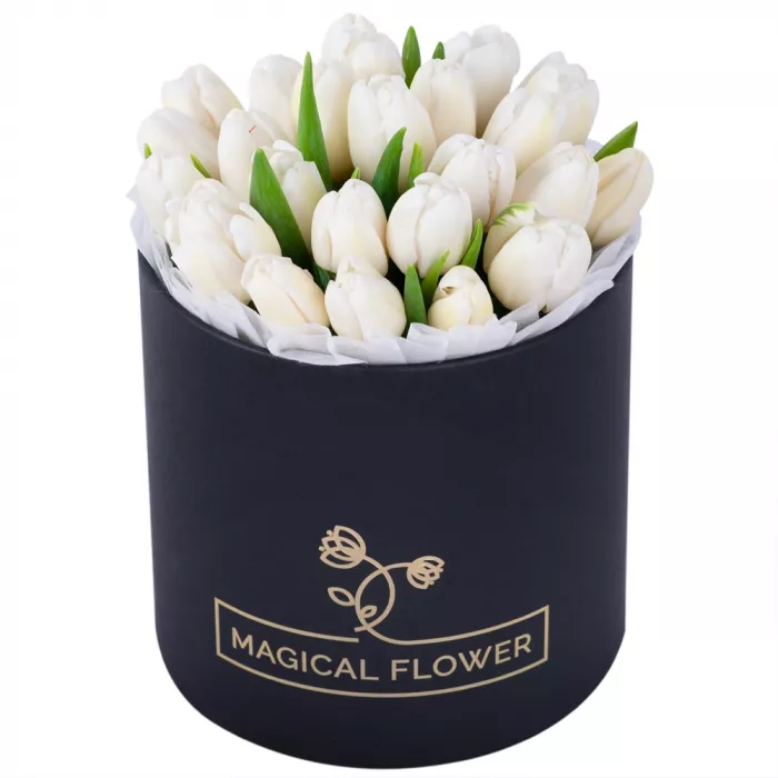 25 белых тюльпан в черной шляпной коробке