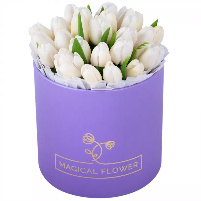 25 белых тюльпан в фиолетовой шляпной коробке