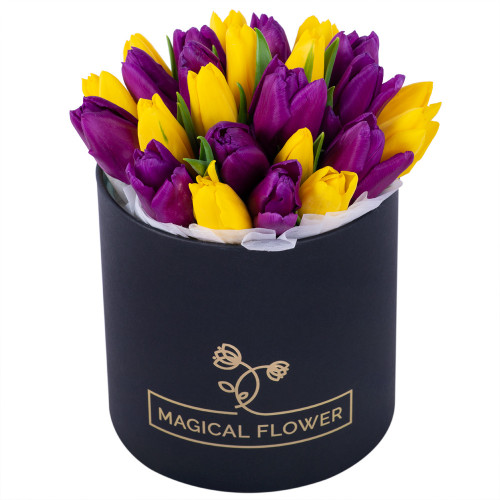 25 разноцветных тюльпан в черной шляпной коробке