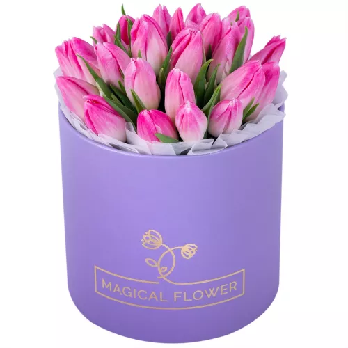 25 бело-розовых тюльпан в фиолетовой шляпной коробке