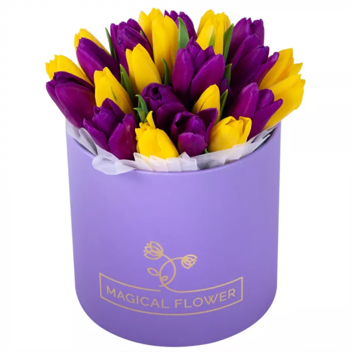 25 разноцветных тюльпан в фиолетовой шляпной коробке