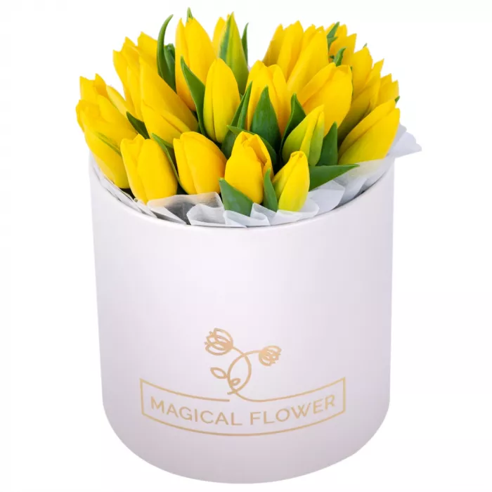 25 желтых тюльпан в кремовой шляпной коробке