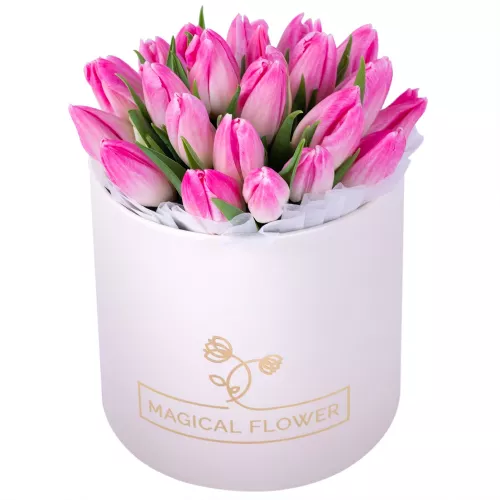 25 бело-розовых тюльпан в кремовой шляпной коробке