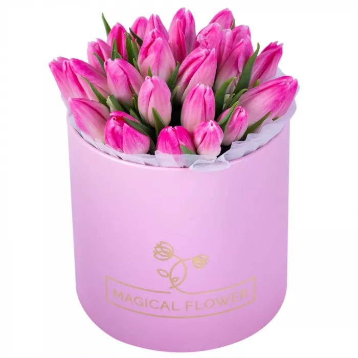 25 бело-розовых тюльпан в розовой шляпной коробке