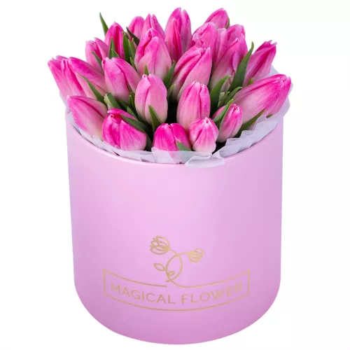 25 бело-розовых тюльпан в розовой шляпной коробке