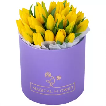 25 желтых тюльпан в фиолетовой шляпной коробке