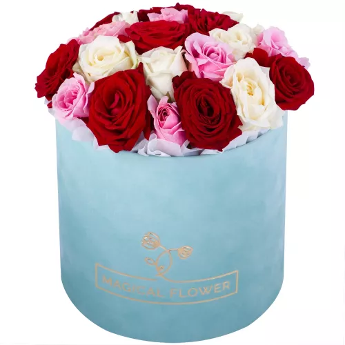 Букет из 21 разноцветной розы premium в зеленой бархатной шляпной коробке