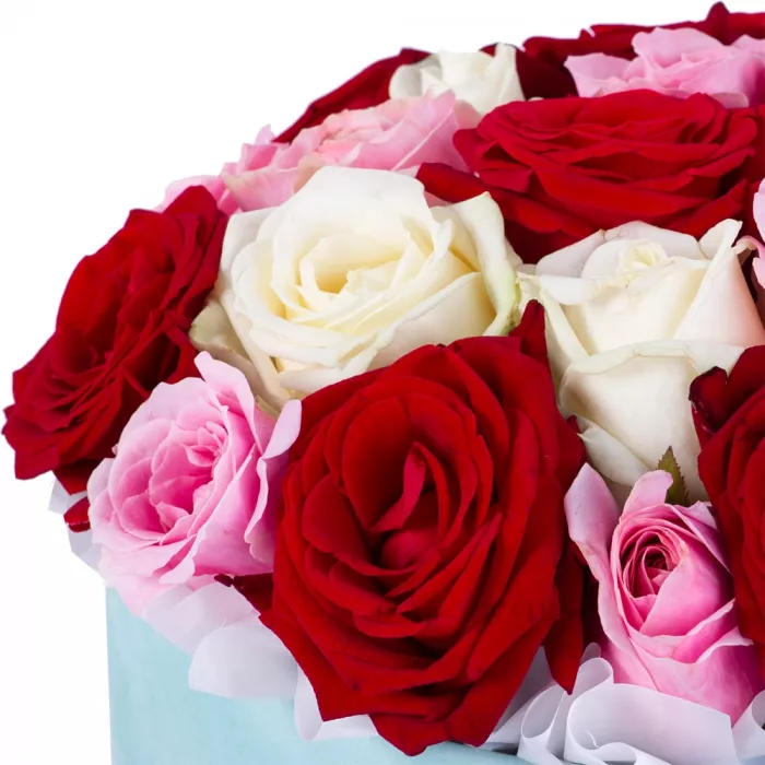 Букет из 21 разноцветной розы premium в зеленой бархатной шляпной коробке