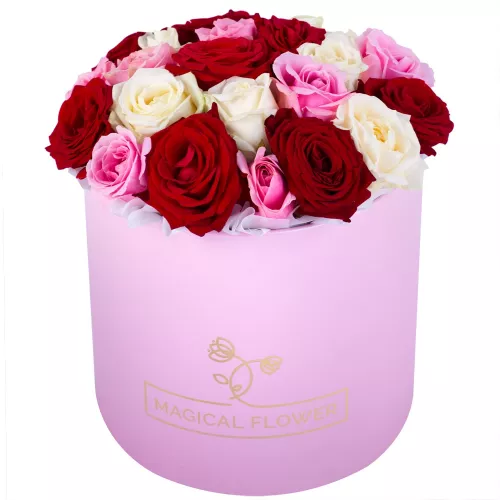 Букет из 21 разноцветной розы premium в розовой шляпной коробке