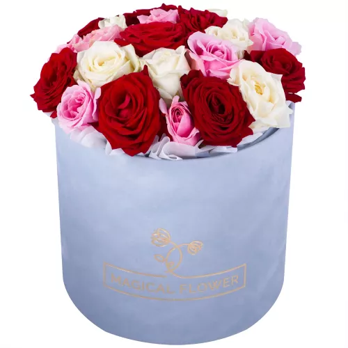 Букет из 21 разноцветной розы premium в серой бархатной шляпной коробке