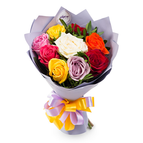 Монобукет из 9 разноцветных роз