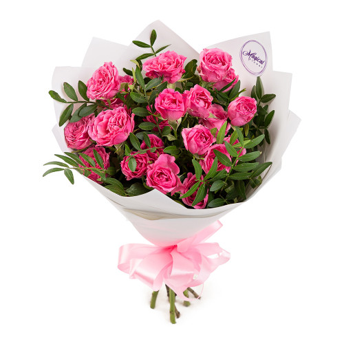 Букет из 5 розовых кустовых роз с фисташкой
