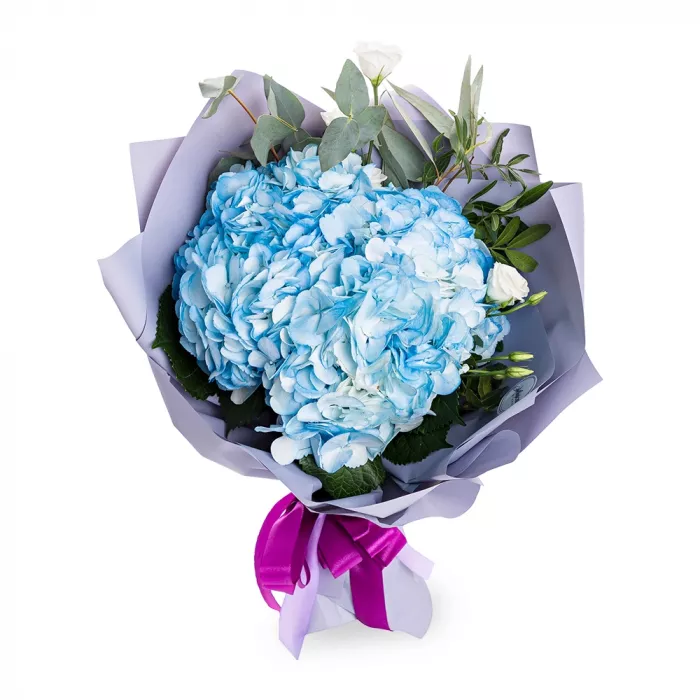 Букет из гортензии, эвкалипта и эустомы