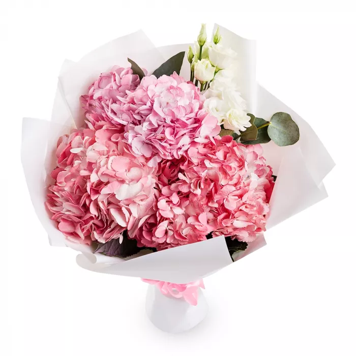 Букет с гортензией, эустомой и эвкалиптом