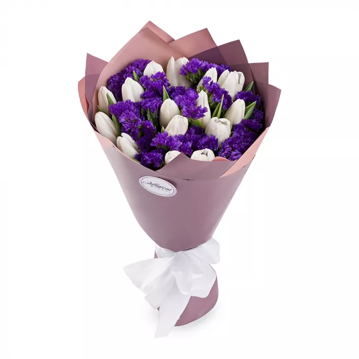 15 белых тюльпанов со статицей