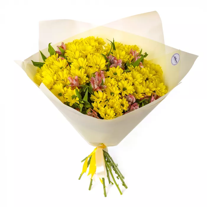 Букет из 11 желтых хризантем и альстромерий