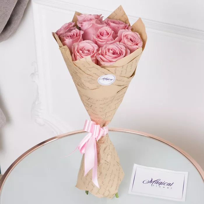 9 розовых роз Premium 50 см