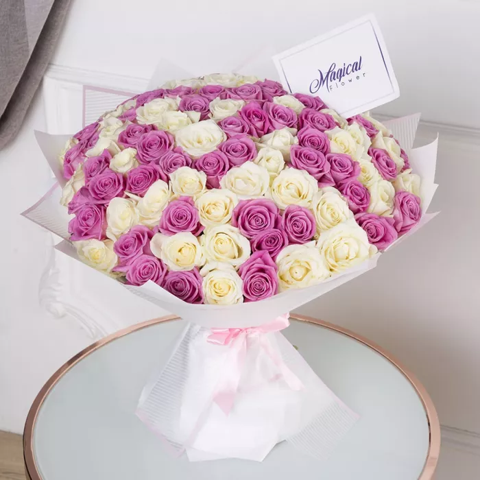 Букет из 101 разноцветной розы premium 50 см