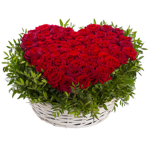 75 красных роз premium в форме сердца в корзине