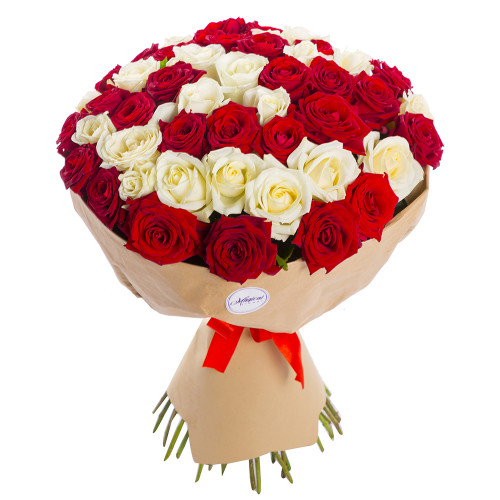 51 красная и белая роза premium 50 см