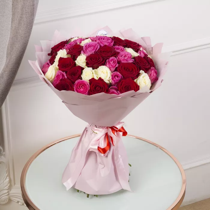 51 разноцветная роза Premium 60 см