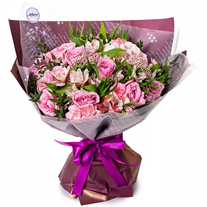 Букет с розами, диантусами и альстромериями