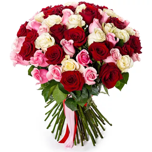 75 разноцветных роз Эквадор 70 см