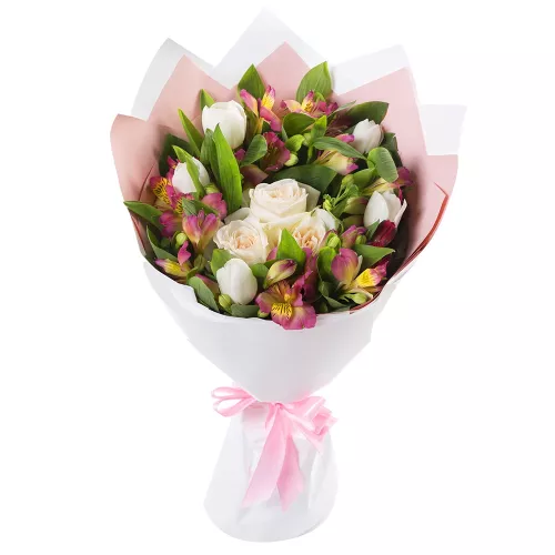 Букет женщине на день рождения из роз и тюльпанов и альстромерий