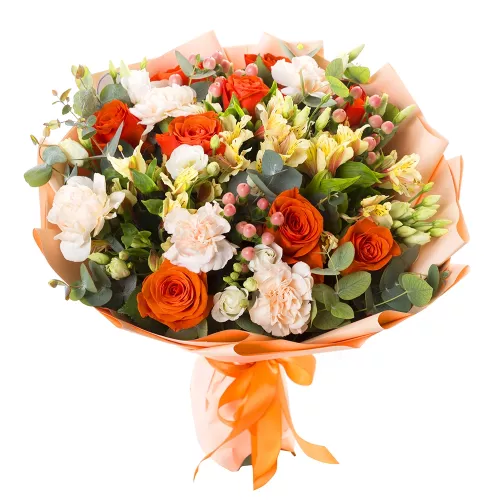 Сборный букет цветов из роз, гвоздик и альстромерий