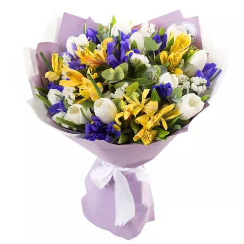 Сборный букет цветов из тюльпанов, альстромерий и ириса