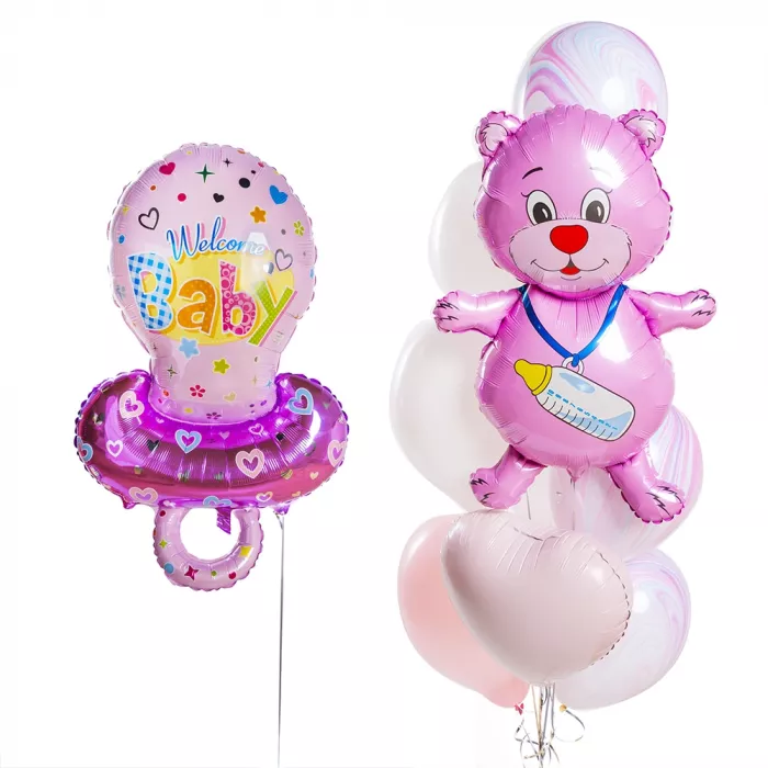 Композиция шаров на рождение девочки с мишкой