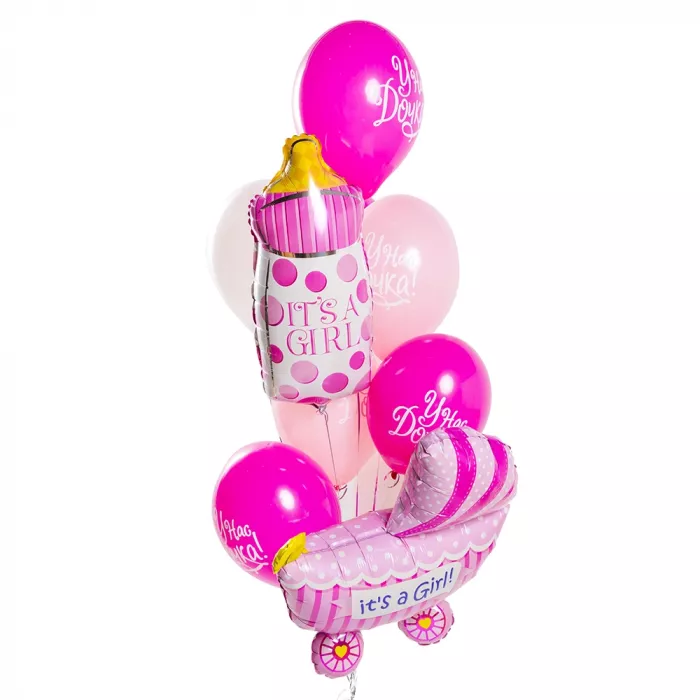 Фонтан на выписку девочки с бутылочкой и коляской Фонтан на выписку девочки с бутылочкой и коляской