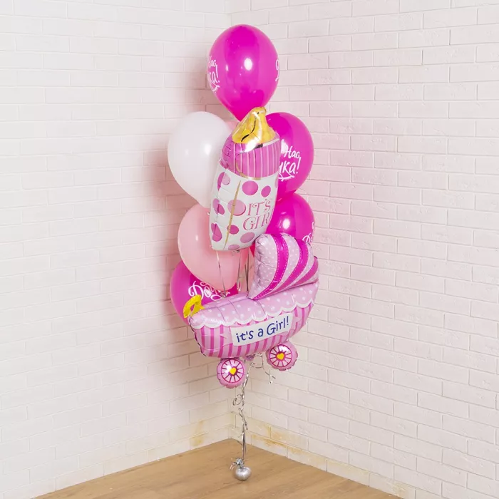 Фонтан на выписку девочки с бутылочкой и коляской Фонтан на выписку девочки с бутылочкой и коляской