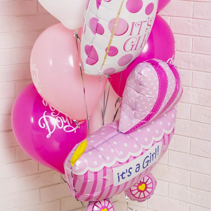 Фонтан на выписку девочки с бутылочкой и коляской Фонтан на выписку девочки с бутылочкой и коляской