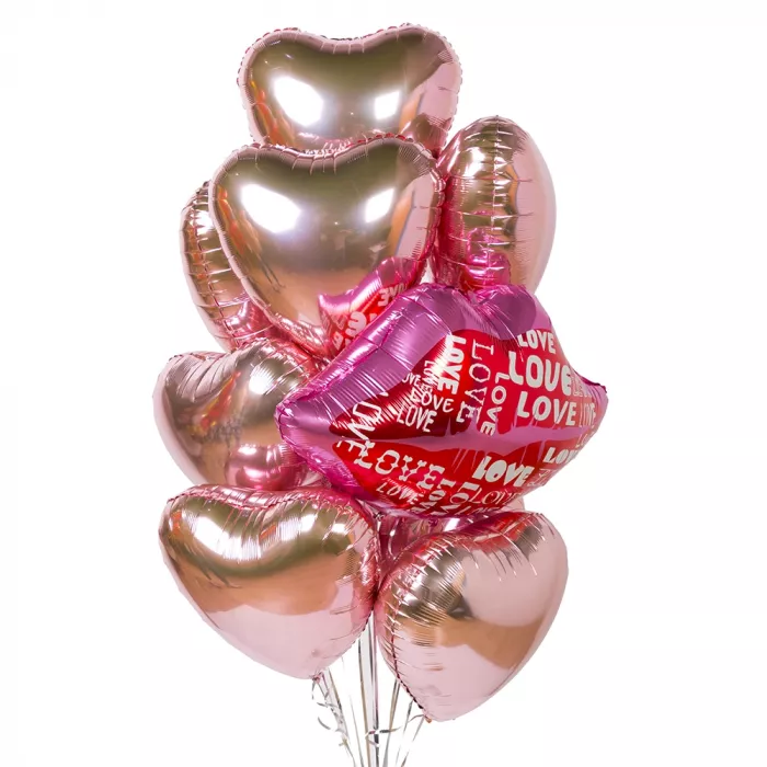 Облако шаров-сердец с губами розовое золото