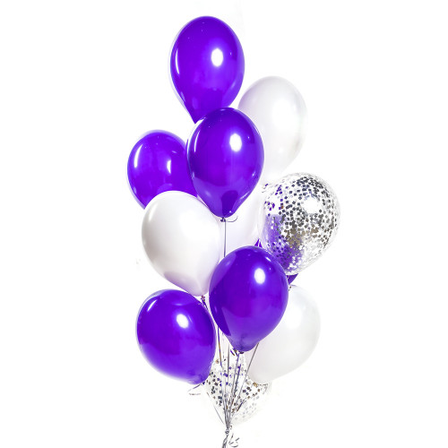 Облако шаров на 1 сентября фиолетово-белое с конфетти