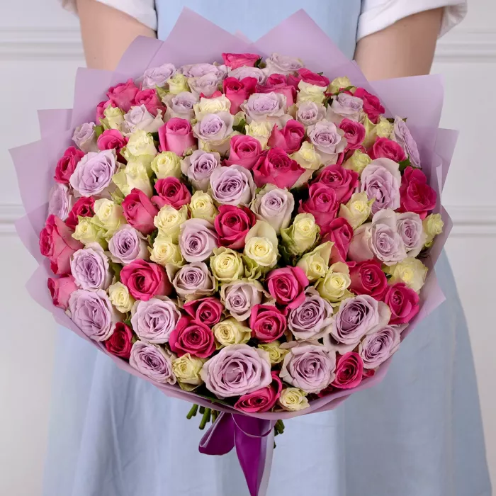 101 разноцветная роза 40 см