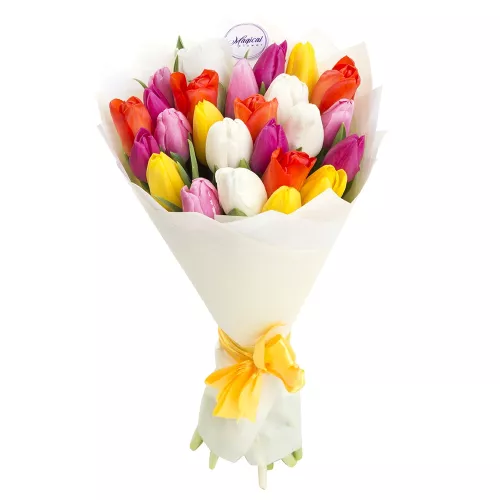 Монобукет цветов из 25 разноцветных тюльпанов