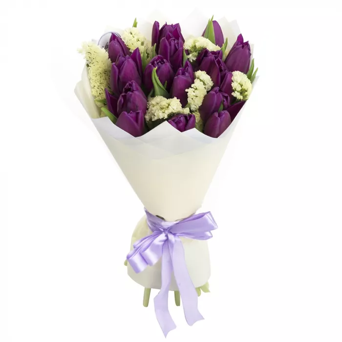 15 сиреневых тюльпанов со статицей