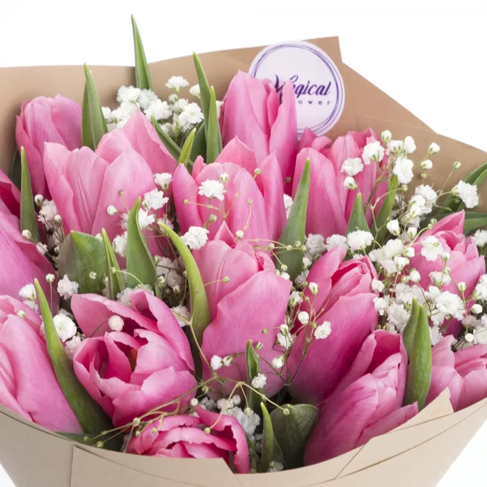 15 тюльпанов с гипсофилой