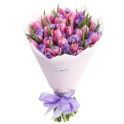25 розовых красивых тюльпанов со статицей