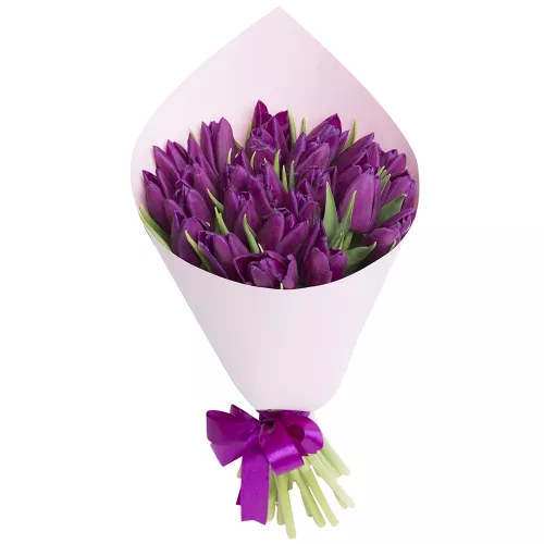 25 сиреневых тюльпанов в крафте