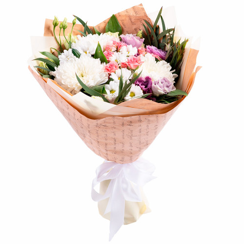 Букет на День матери из хризантем, кустовых роз и эустом