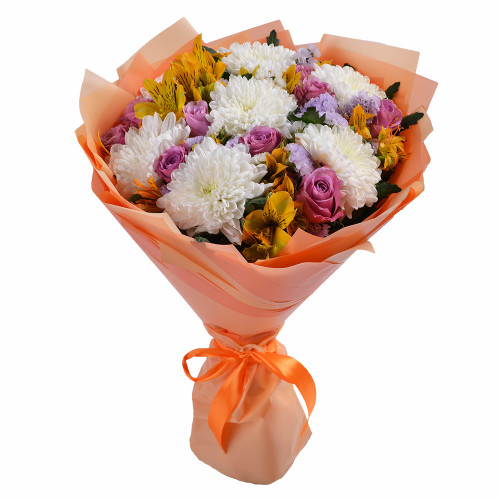 Букет на День матери из хризантемы, альстромерии и розы