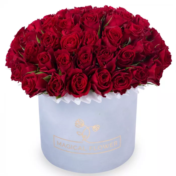 51 красная роза в шляпной в серой бархатной коробке