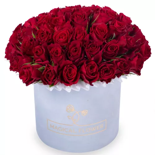 51 красная роза в серой бархатной шляпной коробке