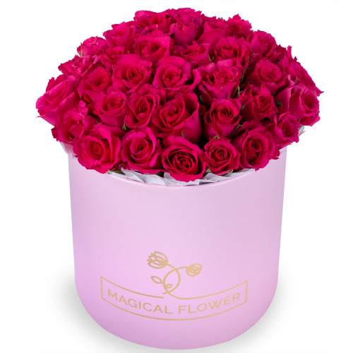 35 малиновых роз в розовой шляпной коробке