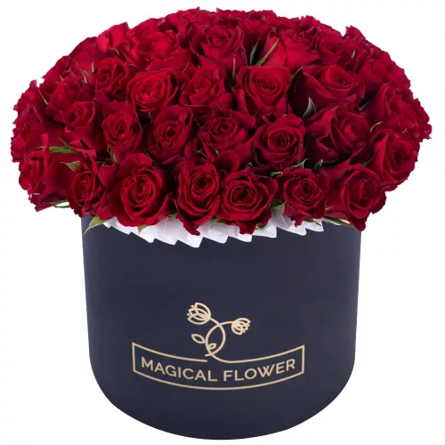 51 красная роза в черной шляпной коробке